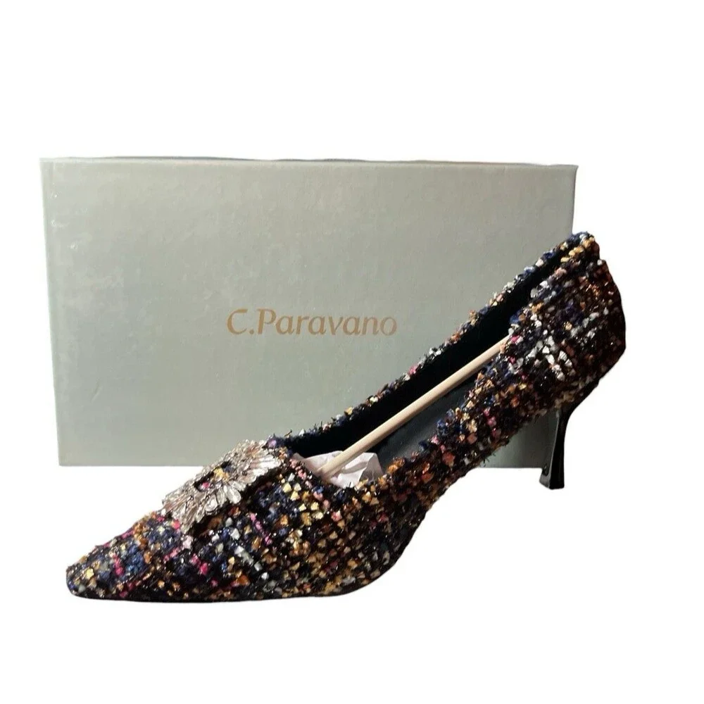 C. Paravano Olivia Pumps Multicolor Tweed Rhinestones 3” Heel Size 11